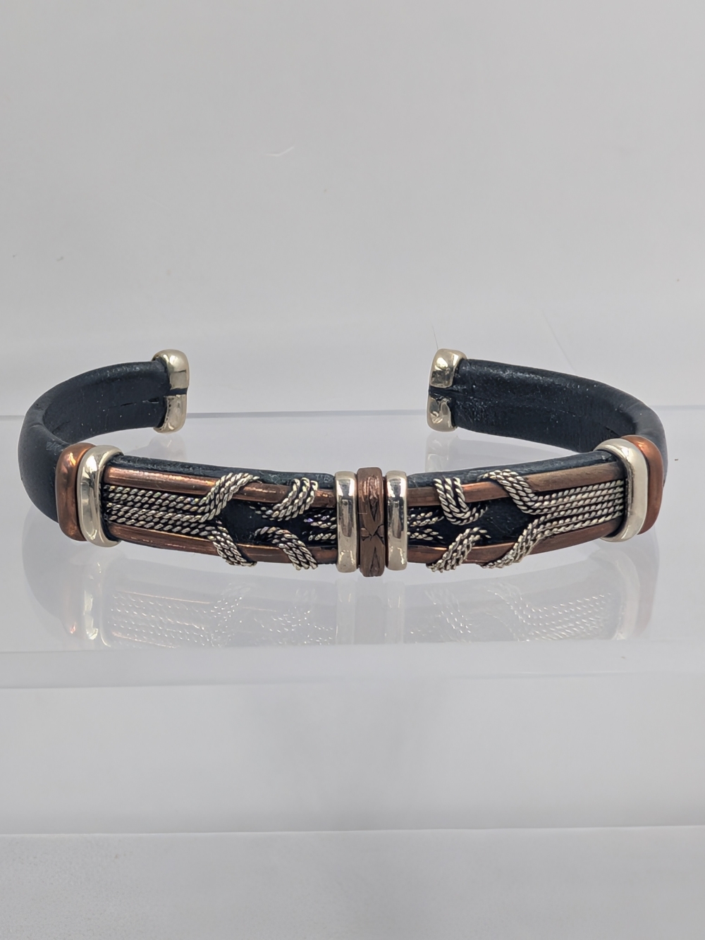 Artisan Black Leather Mixed Metal Unisex Copper Wire Cuff Bracelet | 1004